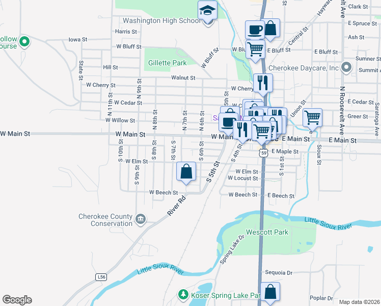 map of restaurants, bars, coffee shops, grocery stores, and more near 614 West Elm Street in Cherokee