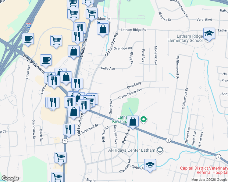 map of restaurants, bars, coffee shops, grocery stores, and more near 6 Broadway in Latham