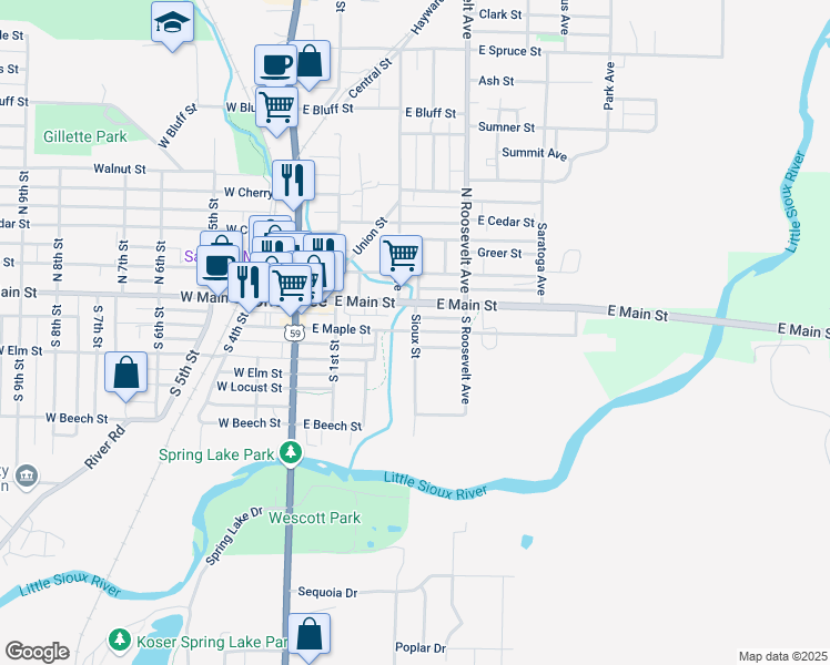 map of restaurants, bars, coffee shops, grocery stores, and more near 201 Sioux Street in Cherokee