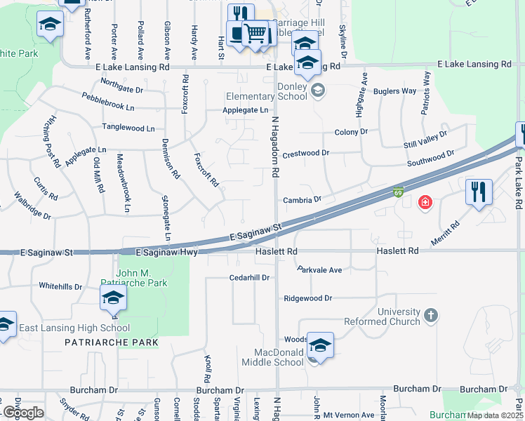 map of restaurants, bars, coffee shops, grocery stores, and more near 1301 North Hagadorn Road in East Lansing