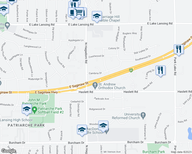 map of restaurants, bars, coffee shops, grocery stores, and more near 1532 Cambria Drive in East Lansing