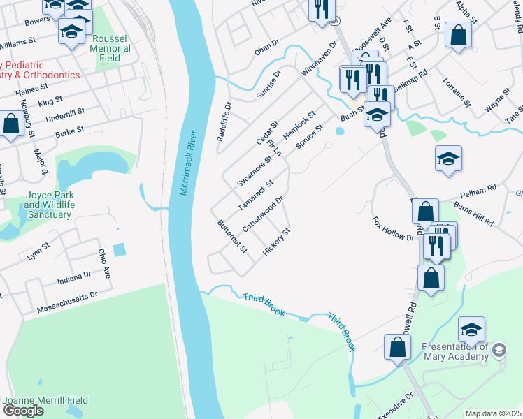 map of restaurants, bars, coffee shops, grocery stores, and more near 17 Cottonwood Drive in Hudson