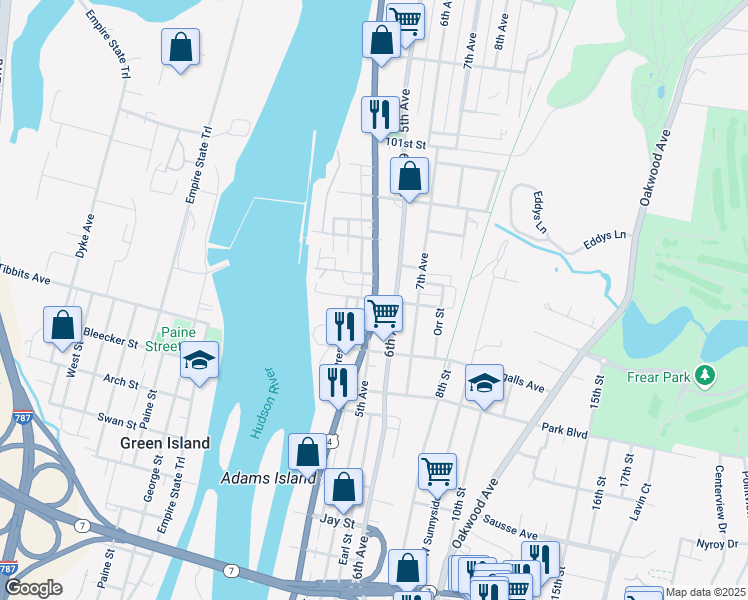map of restaurants, bars, coffee shops, grocery stores, and more near River St & Douw St in Troy