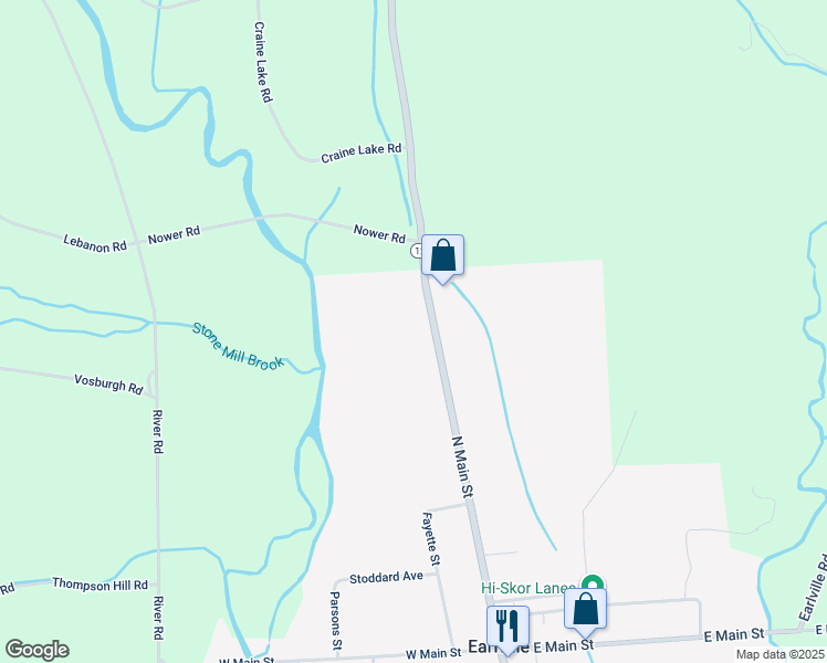 map of restaurants, bars, coffee shops, grocery stores, and more near 107 North Main Street in Earlville
