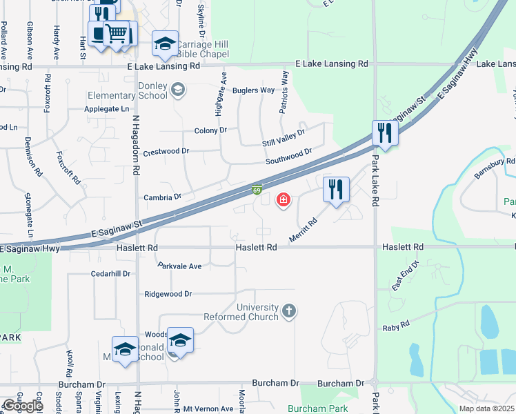 map of restaurants, bars, coffee shops, grocery stores, and more near 1274 Deer Path Lane in East Lansing