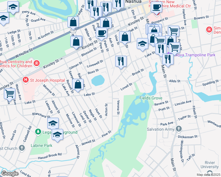 map of restaurants, bars, coffee shops, grocery stores, and more near 76 Lake Street in Nashua