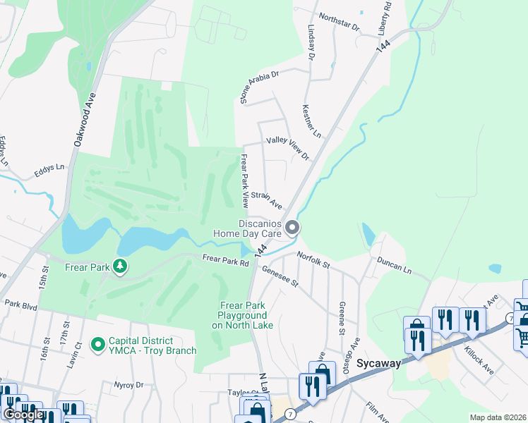 map of restaurants, bars, coffee shops, grocery stores, and more near 23 Westlane Road in Troy