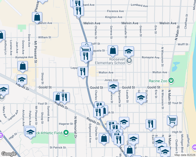 map of restaurants, bars, coffee shops, grocery stores, and more near 1311 Jones Avenue in Racine