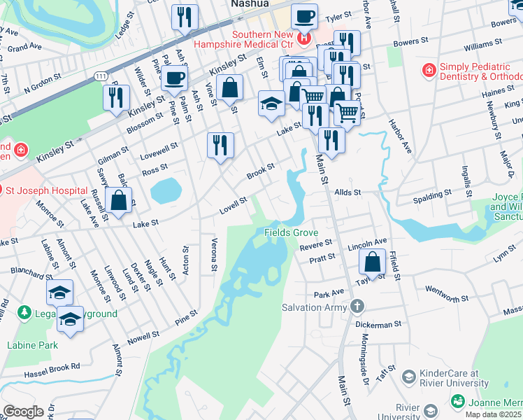 map of restaurants, bars, coffee shops, grocery stores, and more near 21 Lovell Street in Nashua