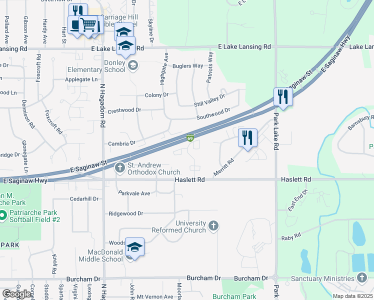 map of restaurants, bars, coffee shops, grocery stores, and more near 1283 Deer Path Lane in East Lansing
