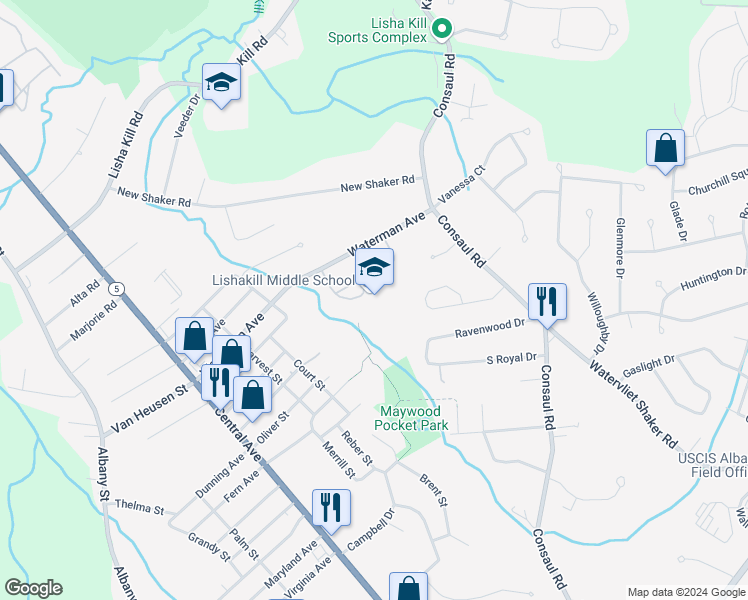 map of restaurants, bars, coffee shops, grocery stores, and more near 68 Waterman Avenue in Albany