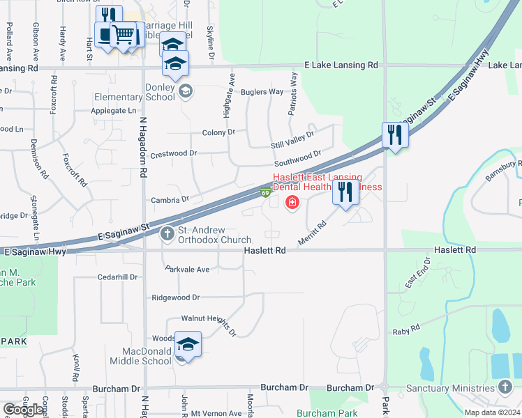 map of restaurants, bars, coffee shops, grocery stores, and more near 1283 Deer Path Lane in East Lansing