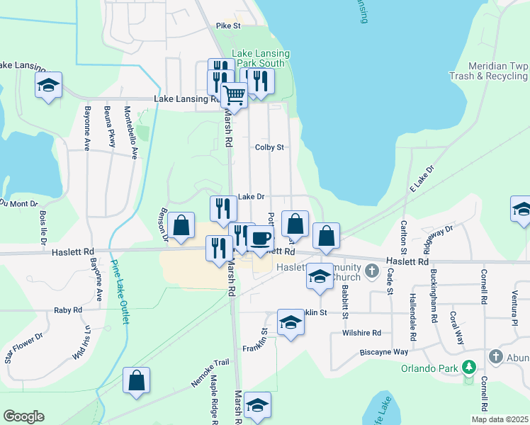 map of restaurants, bars, coffee shops, grocery stores, and more near 5715 Potter Street in Meridian charter Township