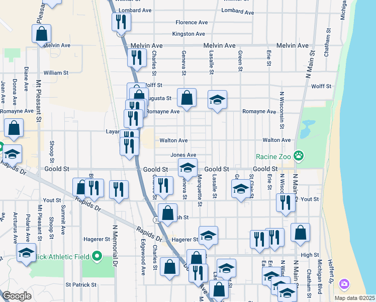 map of restaurants, bars, coffee shops, grocery stores, and more near 1111 Jones Avenue in Racine