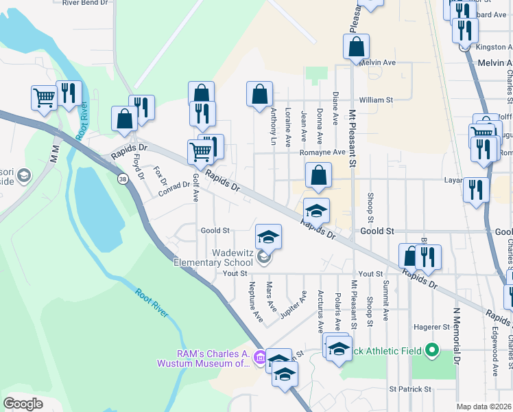 map of restaurants, bars, coffee shops, grocery stores, and more near 2132 Neptune Circle in Racine