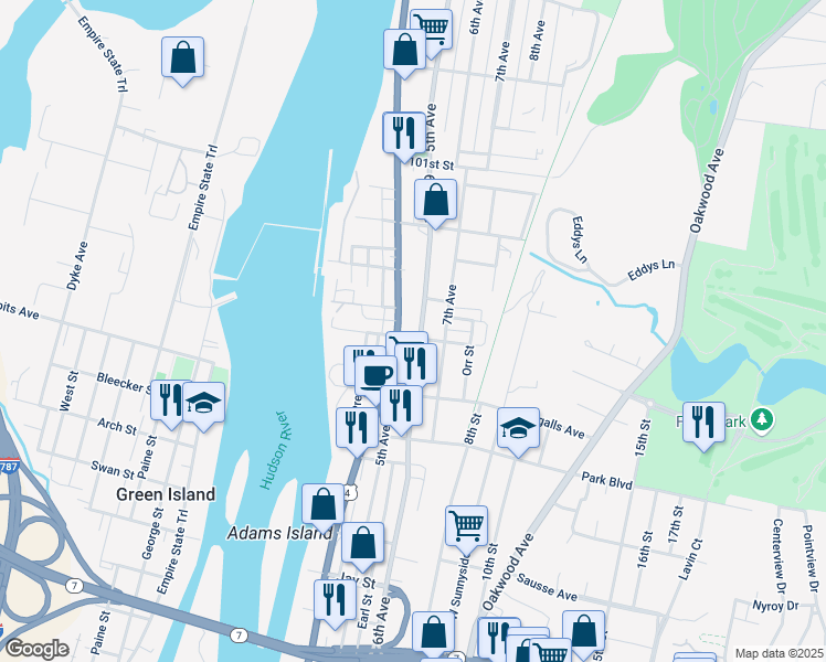 map of restaurants, bars, coffee shops, grocery stores, and more near 3074 6th Avenue in Troy