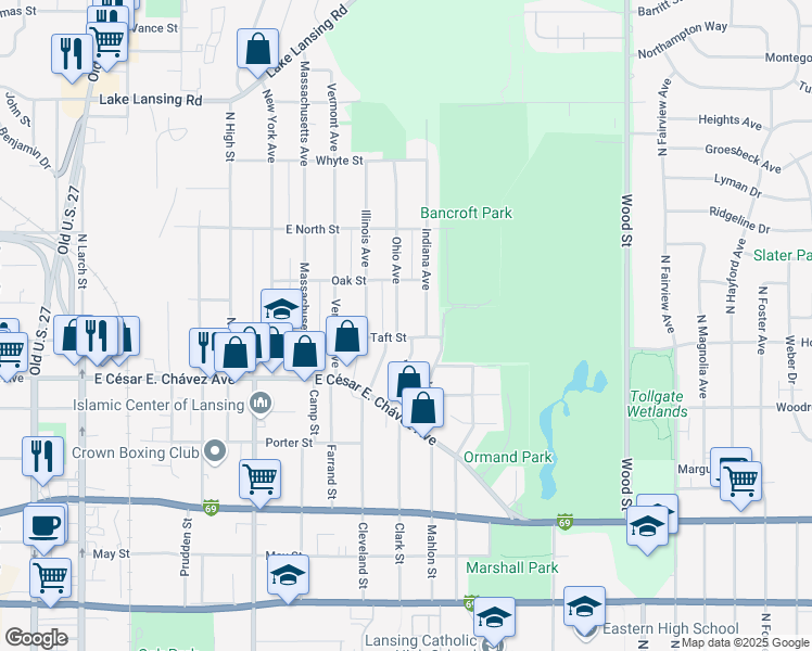 map of restaurants, bars, coffee shops, grocery stores, and more near 1324 Taft Street in Lansing