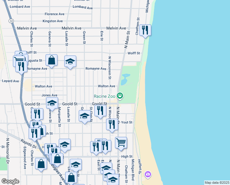 map of restaurants, bars, coffee shops, grocery stores, and more near 2138 North Wisconsin Street in Racine