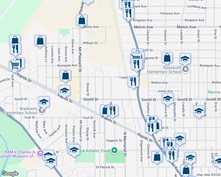 map of restaurants, bars, coffee shops, grocery stores, and more near 2120 Blake Avenue in Racine