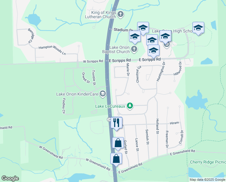 map of restaurants, bars, coffee shops, grocery stores, and more near 2609 Huntington Drive in Orion charter Township