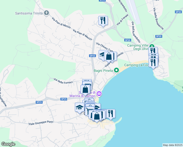 map of restaurants, bars, coffee shops, grocery stores, and more near 265 Via per Portoferraio in Marina di Campo