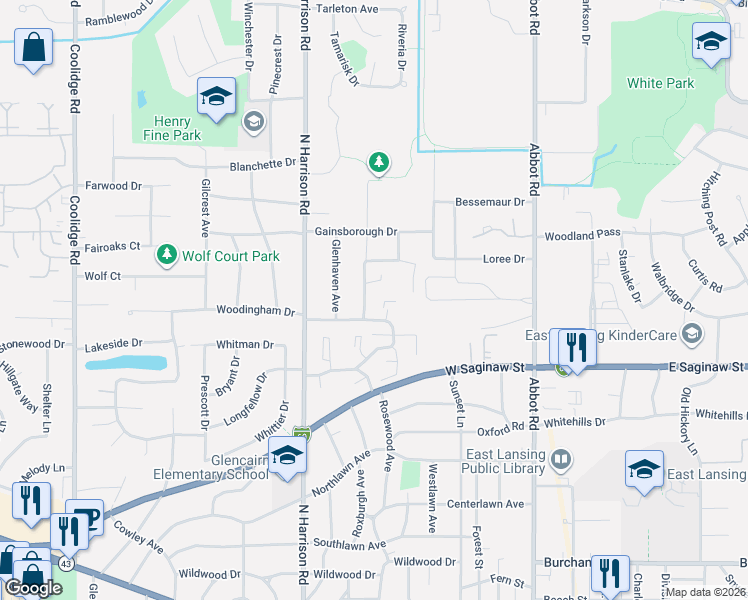 map of restaurants, bars, coffee shops, grocery stores, and more near 1412 Roxburgh Avenue in East Lansing
