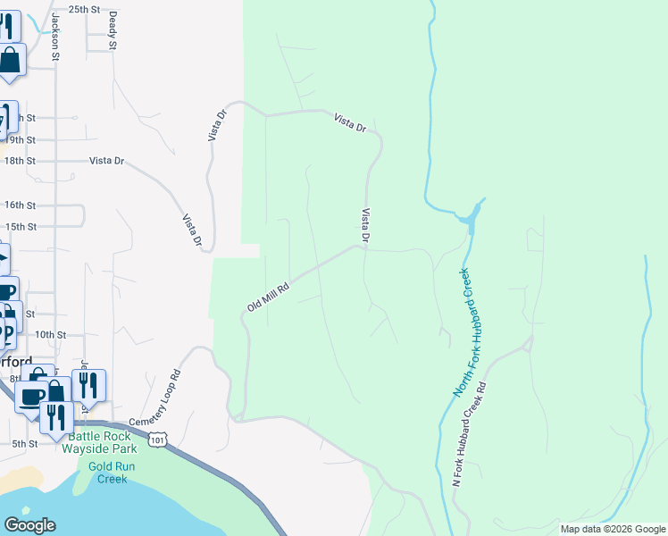 map of restaurants, bars, coffee shops, grocery stores, and more near 41994 Humbug Way in Port Orford