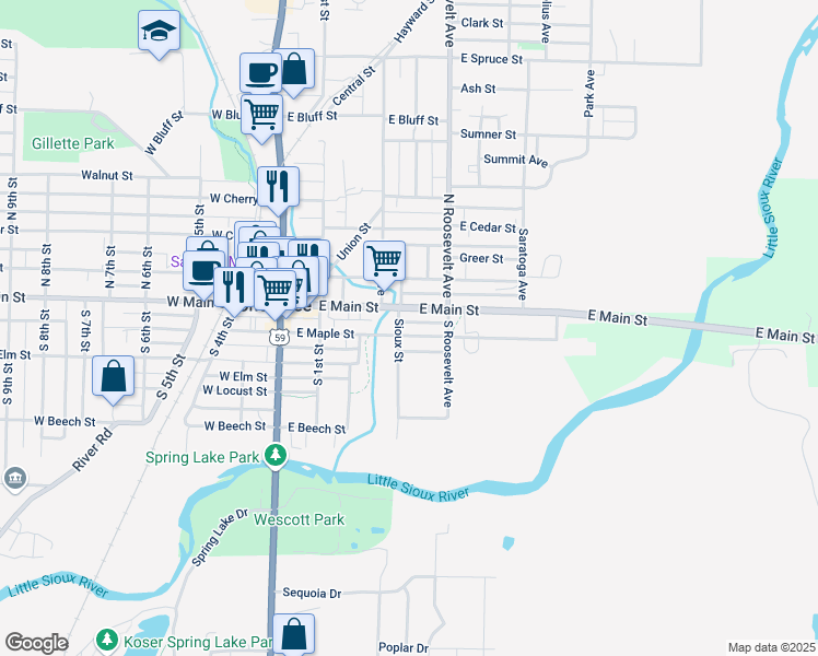 map of restaurants, bars, coffee shops, grocery stores, and more near 201-235 Sioux Street in Cherokee