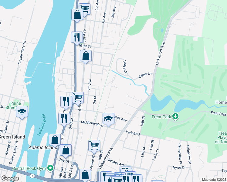 map of restaurants, bars, coffee shops, grocery stores, and more near 78 East Sunnyside Street in Troy