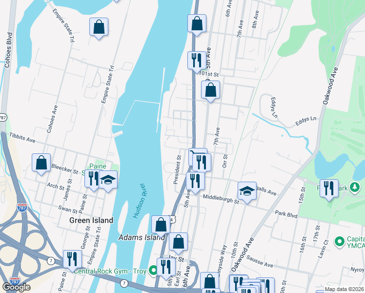 map of restaurants, bars, coffee shops, grocery stores, and more near in Troy