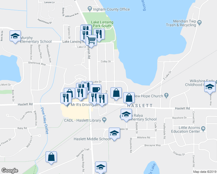 map of restaurants, bars, coffee shops, grocery stores, and more near 5699 Shaw Street in Meridian charter Township