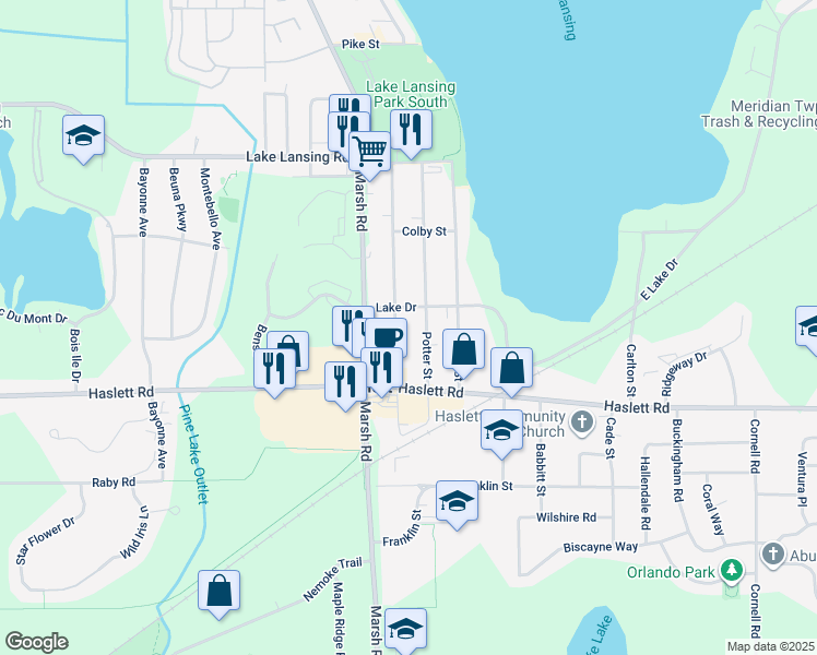 map of restaurants, bars, coffee shops, grocery stores, and more near 5705 Potter Street in Meridian charter Township