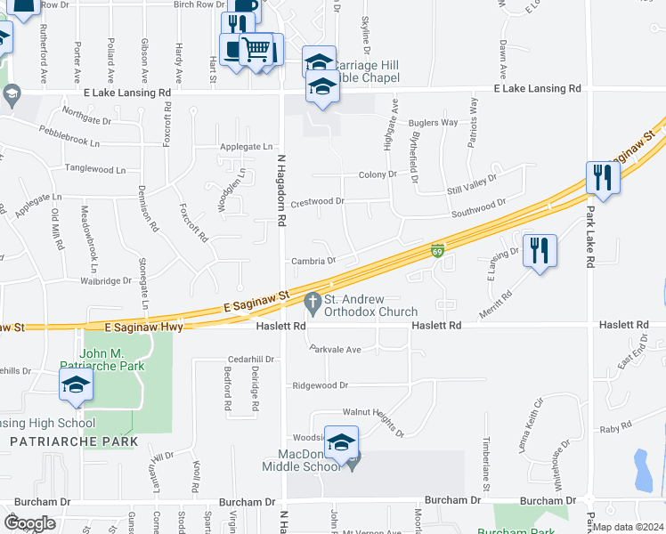 map of restaurants, bars, coffee shops, grocery stores, and more near 1532 Cambria Drive in East Lansing