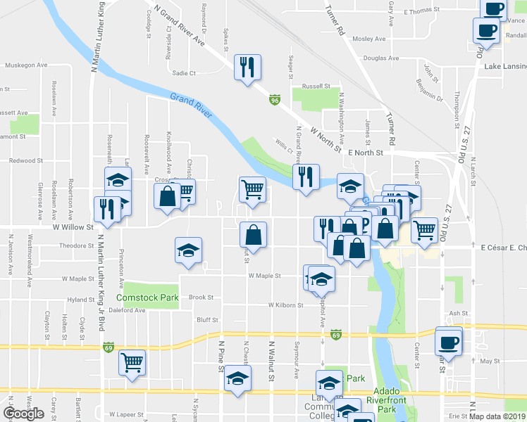 map of restaurants, bars, coffee shops, grocery stores, and more near 423 West Willow Street in Lansing