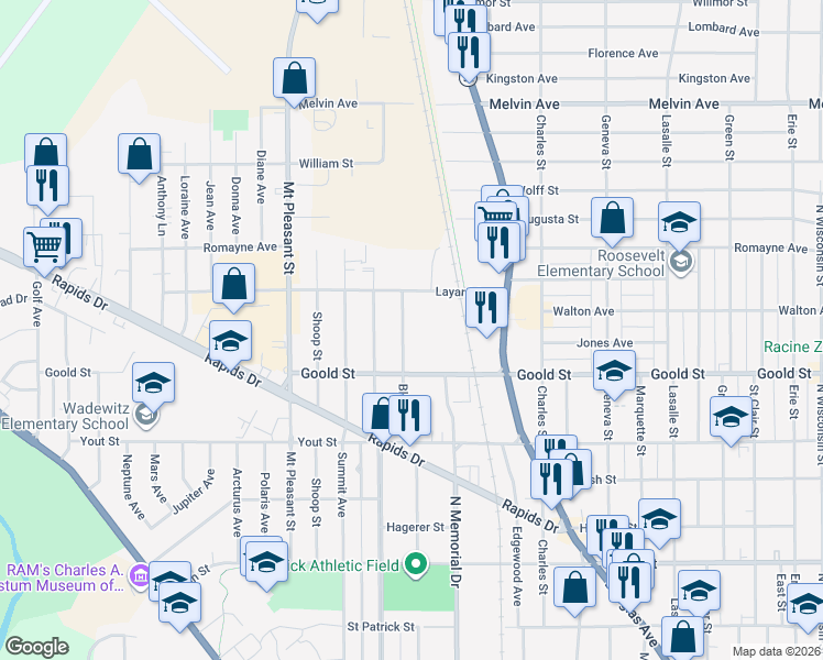 map of restaurants, bars, coffee shops, grocery stores, and more near 2120 Blake Avenue in Racine
