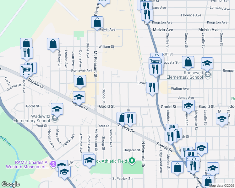 map of restaurants, bars, coffee shops, grocery stores, and more near 2124 Carlisle Avenue in Racine