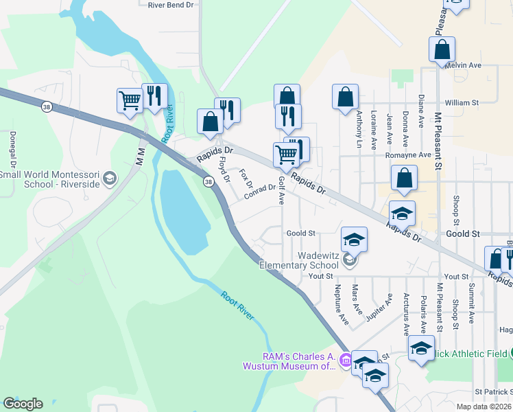 map of restaurants, bars, coffee shops, grocery stores, and more near 3131 Barbara Drive in Racine