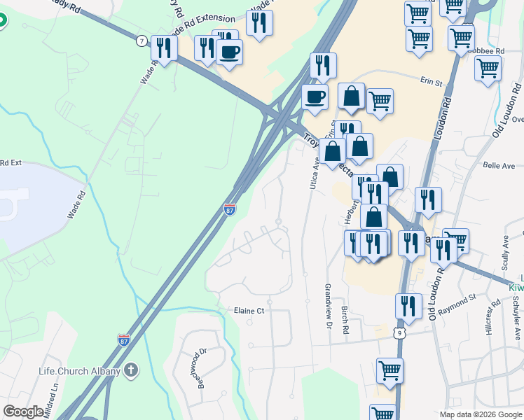 map of restaurants, bars, coffee shops, grocery stores, and more near 52 Troy Avenue in Latham