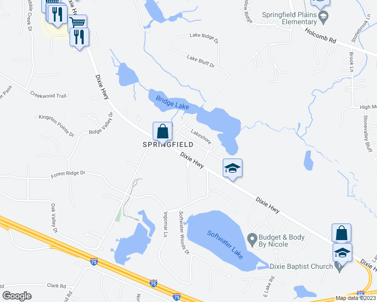 map of restaurants, bars, coffee shops, grocery stores, and more near 9264 Dixie Highway in Clarkston
