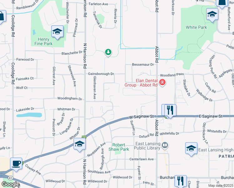 map of restaurants, bars, coffee shops, grocery stores, and more near 500 Woodingham Drive in East Lansing