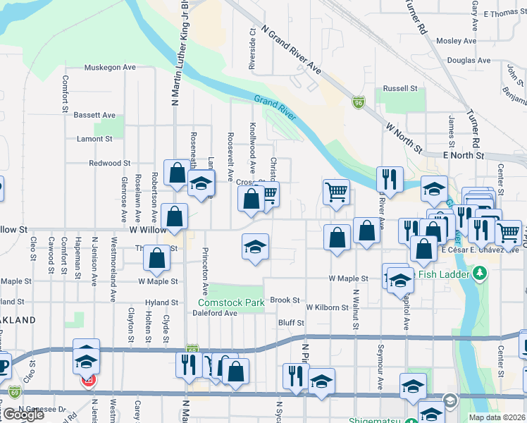 map of restaurants, bars, coffee shops, grocery stores, and more near 726 West Willow Street in Lansing