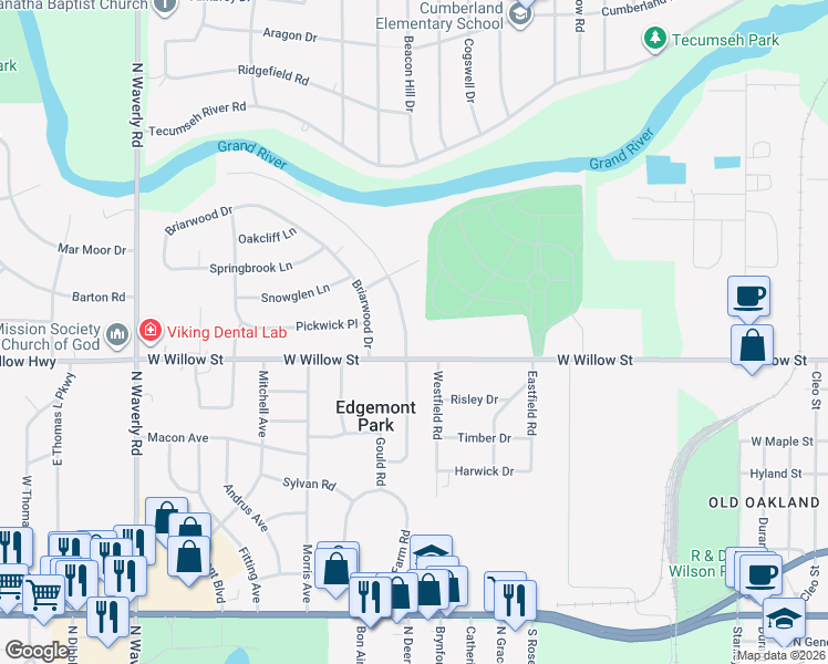 map of restaurants, bars, coffee shops, grocery stores, and more near 3110 West Willow Street in Lansing