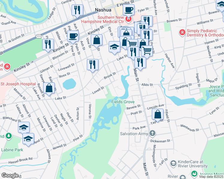 map of restaurants, bars, coffee shops, grocery stores, and more near 21 Lovell Street in Nashua
