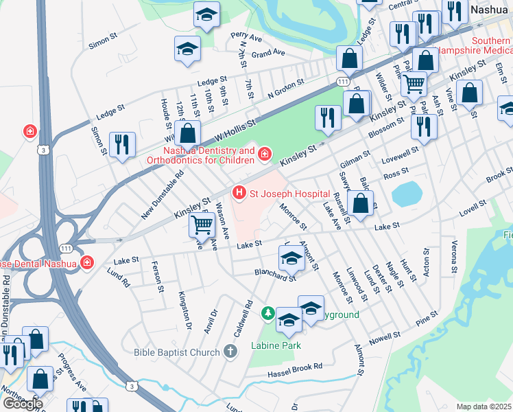 map of restaurants, bars, coffee shops, grocery stores, and more near 172 Kinsley Street in Nashua