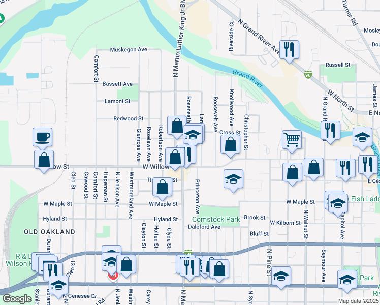 map of restaurants, bars, coffee shops, grocery stores, and more near 1012 West Willow Street in Lansing