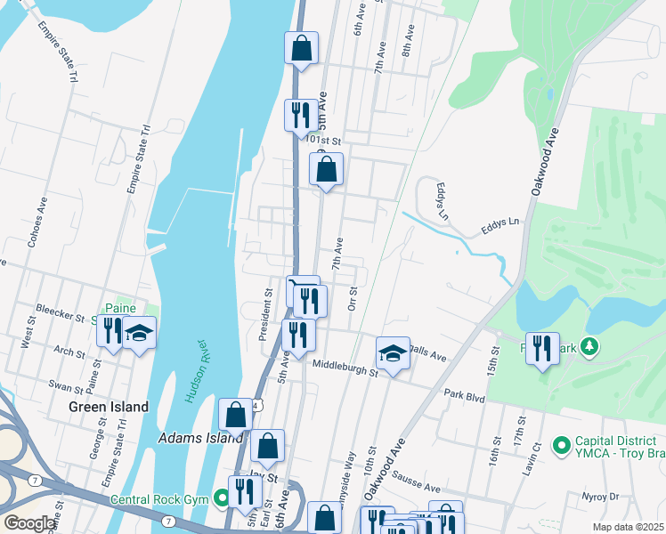 map of restaurants, bars, coffee shops, grocery stores, and more near 76 Douw Street in Troy