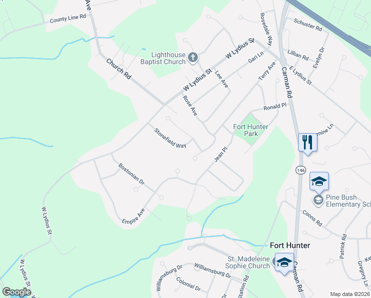 map of restaurants, bars, coffee shops, grocery stores, and more near 18 Bossi Lane in Schenectady