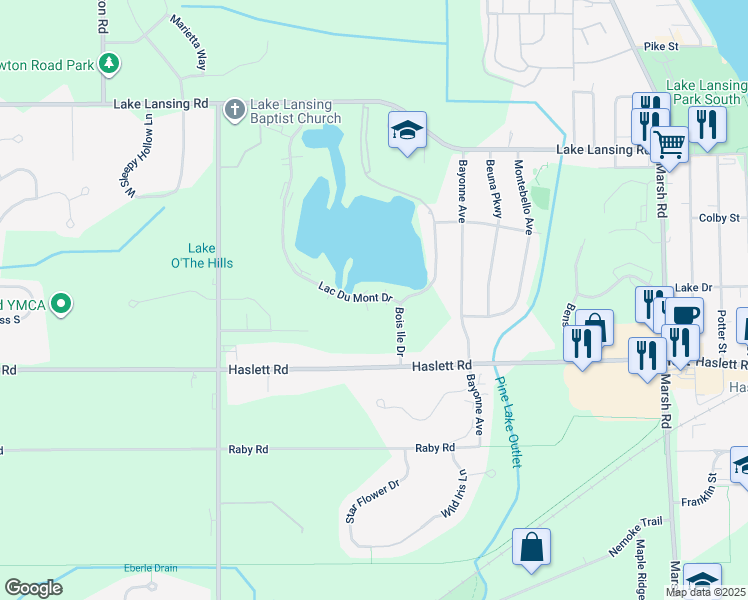 map of restaurants, bars, coffee shops, grocery stores, and more near 1953 Lac Du Mont Drive in Meridian charter Township