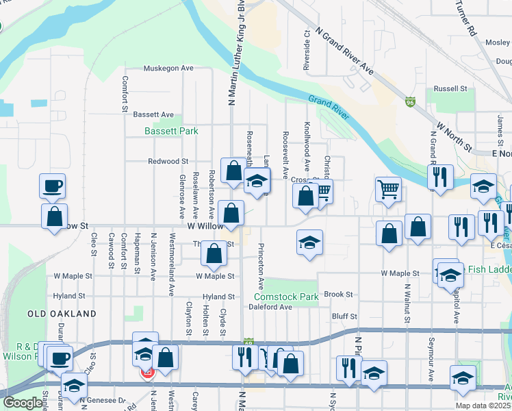 map of restaurants, bars, coffee shops, grocery stores, and more near 1012 West Willow Street in Lansing