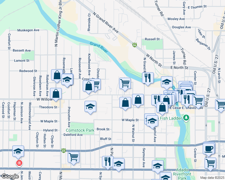 map of restaurants, bars, coffee shops, grocery stores, and more near 540 West Willow Street in Lansing